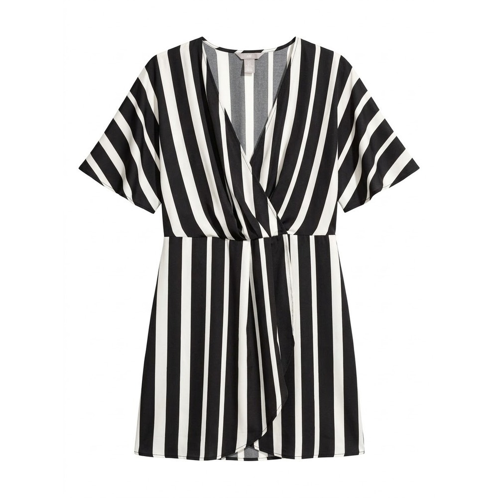 H&M Faux Wrap Dress Women Large Black White Striped V-Neck Short Sleeve Mini